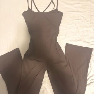 Brown Jumpsuit falred leg, active wear, sculpting